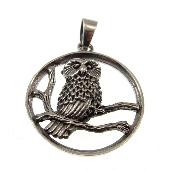 Solid 925 Sterling Silver Owl Perched on Branches Pendant - Nature Jewelry - Picture 4 of 8